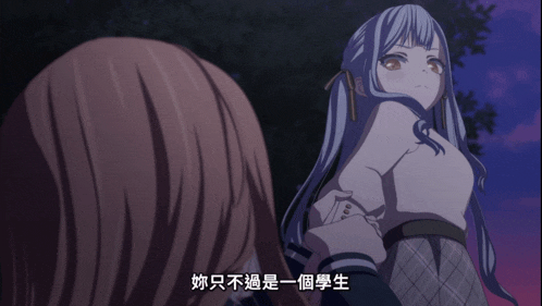 a girl with blue hair is talking to another girl in chinese