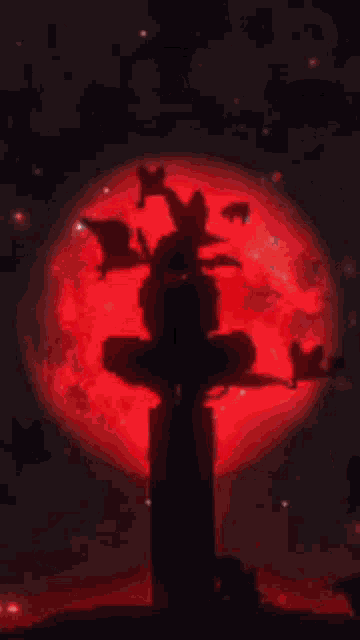 a ninja is sitting on a pillar in front of a red full moon