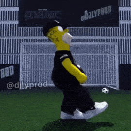 homer simpson kicks a soccer ball in front of a goal