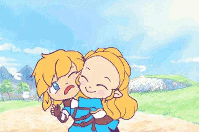a boy and a girl are hugging each other in a field
