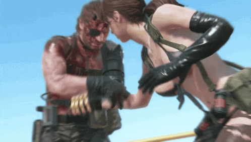 a woman in a bikini is holding a man 's hand in a video game