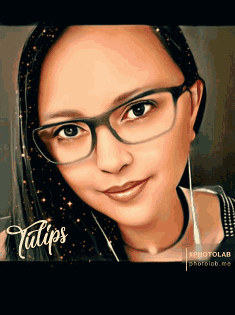a woman wearing glasses and a tulips logo