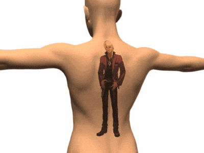 a man with a tattoo on his back of a man in a red jacket