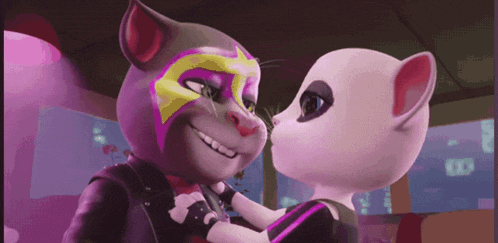 a couple of cartoon cats are dancing together and one has a mask on