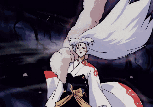 a cartoon character with long white hair and a red and white kimono