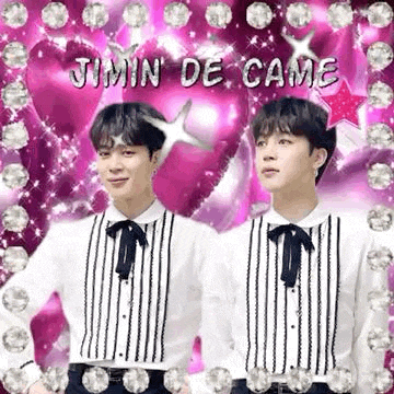 a couple of men are standing next to each other in front of a pink background with balloons and diamonds .