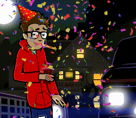 a cartoon of a man wearing a party hat and holding a gift