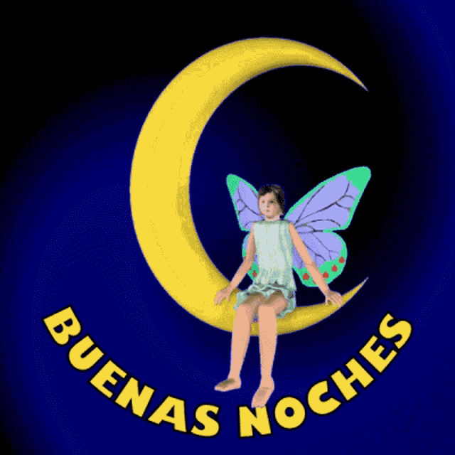 a butterfly is sitting on a crescent moon with the words buenas noches written below it
