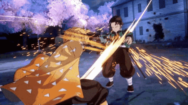 two anime characters are fighting with swords and sparks coming out of them