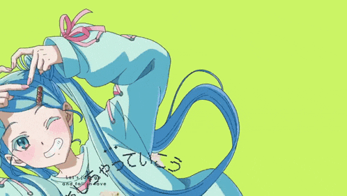 a drawing of a girl with blue hair and the words let 's just be and fun in here