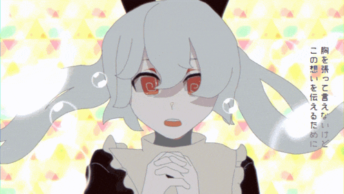 a drawing of a girl with white hair and red eyes with chinese writing behind her