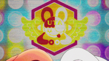 a colorful background with a cartoon character in a circle