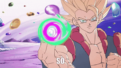 a cartoon of a man holding a purple and green circle with the word so on the bottom