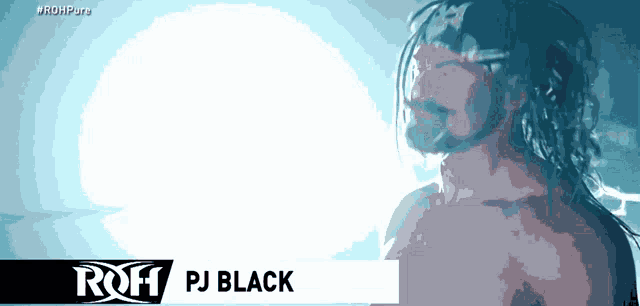 an advertisement for roh pj black shows a man with long hair