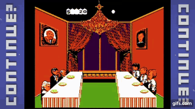 a video game shows people sitting around a table and says continue at the bottom