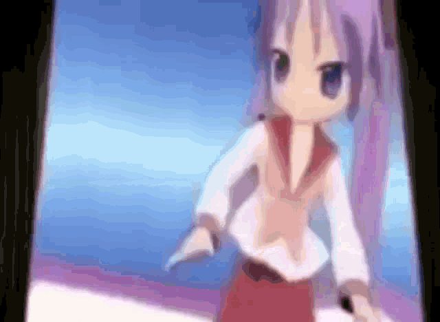 a cartoon girl with purple hair is standing in front of a blue background .