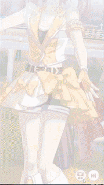 a girl in a yellow and white dress with a bow is standing in a field
