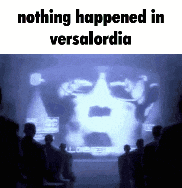 a group of people standing in front of a screen that says nothing happened in versalordia