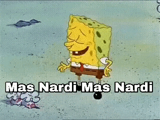a cartoon of spongebob saying `` mas mardi mas mardi '' on a beach .