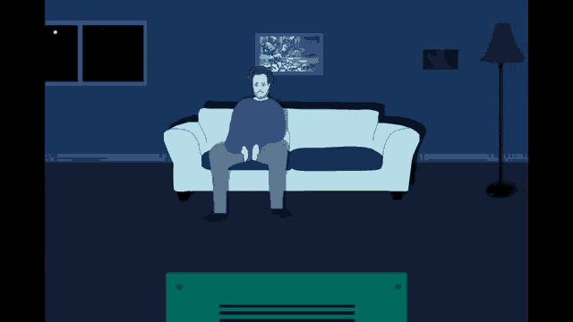 a cartoon of a man sitting on a couch in front of a television