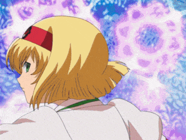 a girl with blonde hair has a red headband on