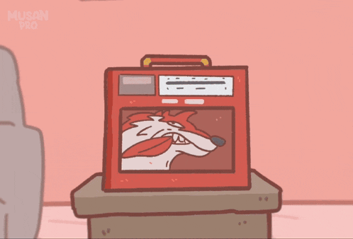 a cartoon drawing of a woman with red hair standing next to a tv and a box with a picture of a cat on it
