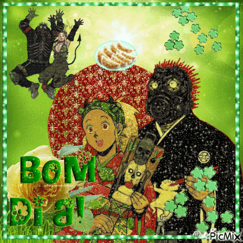 a picture of a man and woman with the word bom dia on it