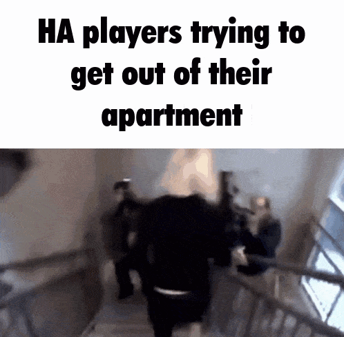 ha players trying to get out of their apartment on a white background