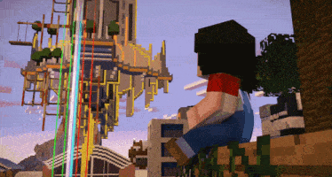 a person in a minecraft video game looking at a rainbow