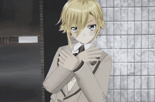 a cartoon character with blonde hair and blue eyes is standing in front of a marble wall