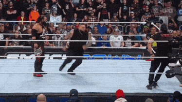 wrestlers in a wrestling ring with a sign that says " that goat "