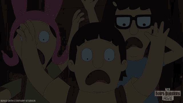 a bob 's burgers movie poster shows a boy and a girl looking scared