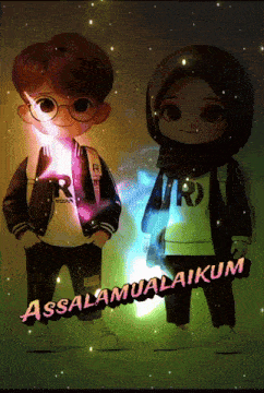 a boy and a girl are standing next to each other and the words assalamualaikum are on the bottom