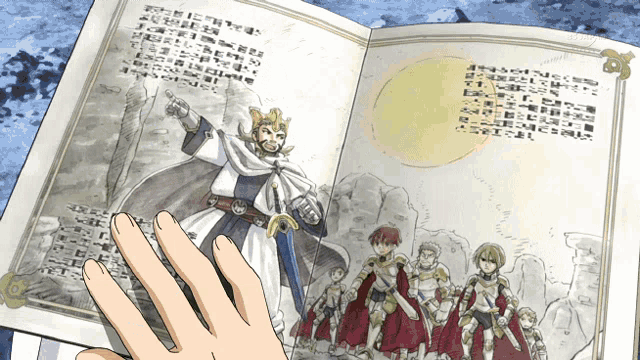 a book is open to a page with a drawing of a king and his army
