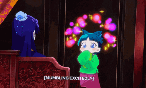 a girl in a green shirt says mumbling excitedly in a cartoon