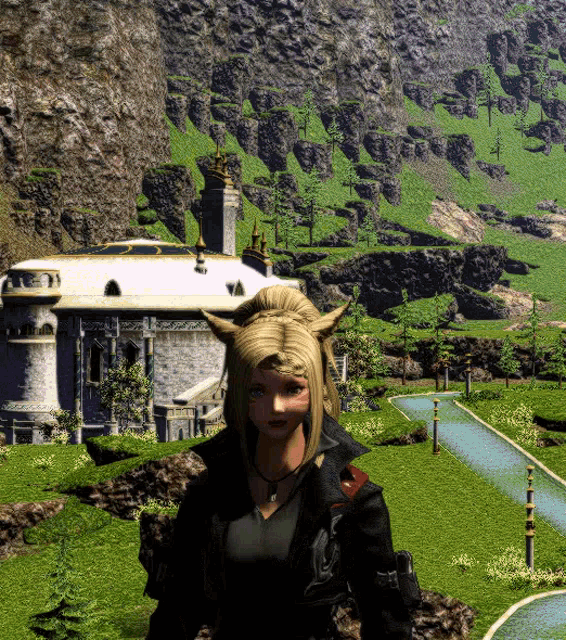 a woman with a ponytail stands in front of a large building