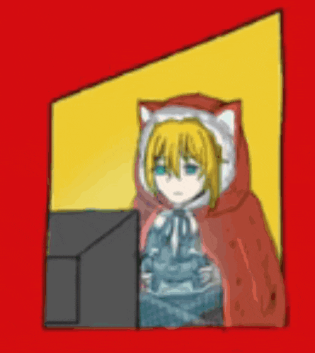 a cartoon of a girl wearing a cat hood looking out a window at a computer screen .