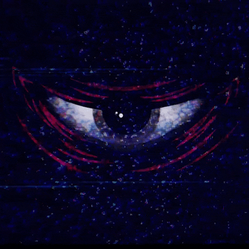 a close up of a monster 's eye in the dark with a galaxy in the background .