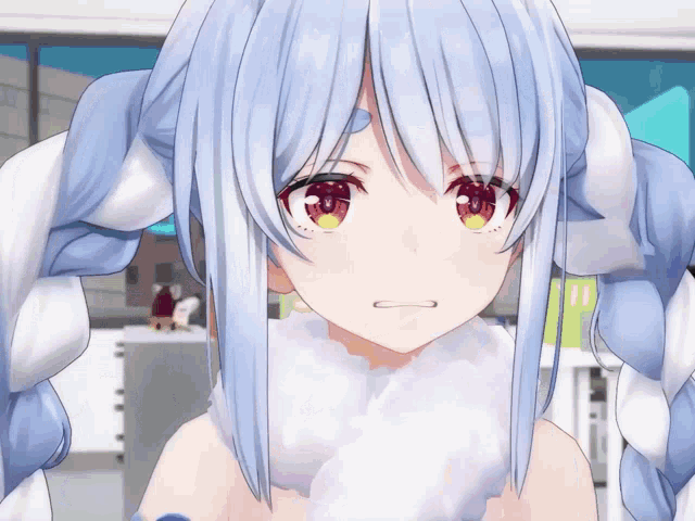 a close up of a cartoon character with blue hair and red eyes