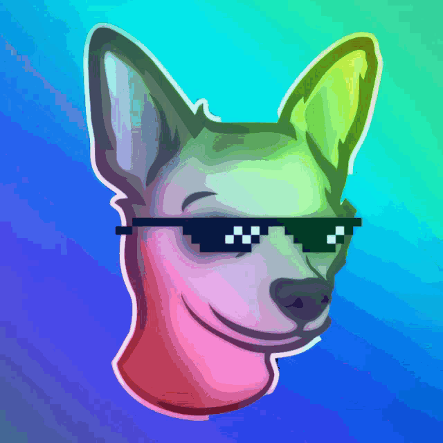 a drawing of a dog wearing sunglasses with a rainbow background