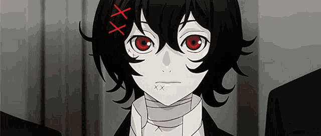 a black and white anime character with red eyes and a bandage around his neck