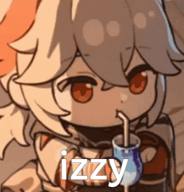 a cartoon character is drinking from a glass with a straw and the word izzy is on the bottom of the picture