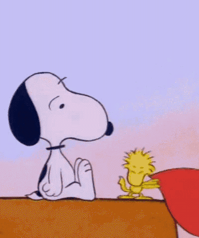 snoopy and woodstock are sitting next to each other on a ledge .