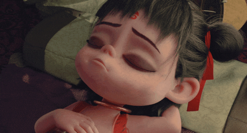 a cartoon character with a red ribbon around her neck has a s on her forehead