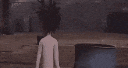 a cartoon character with a surprised look on his face is standing in a field .