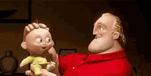 a man in a red shirt is petting a baby doll .
