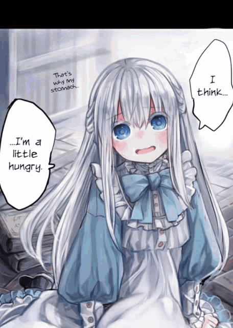 a little girl with white hair and blue eyes says i 'm a little hungry in a speech bubble