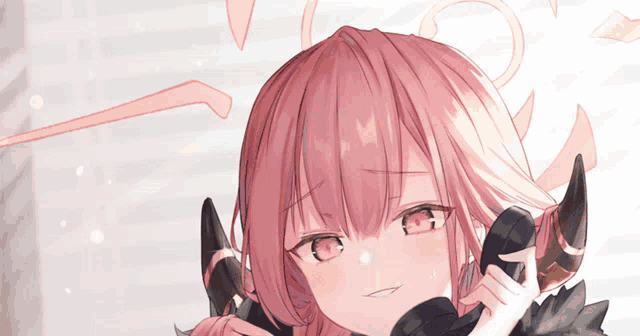 a close up of a pink haired anime character