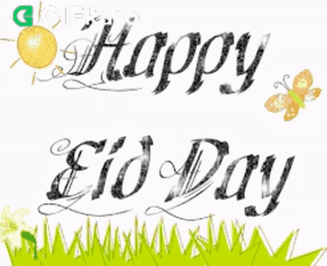a happy eid day greeting card with a butterfly and a sun
