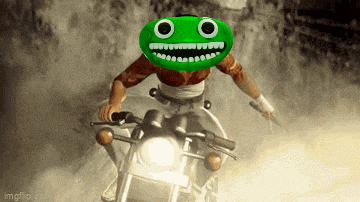 a cartoon character is riding a motorcycle and has a green face on his head